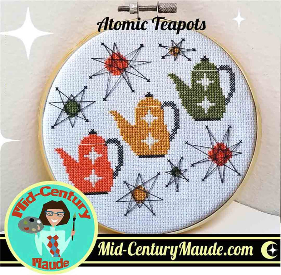 A stitched preview of the counted cross stitch pattern Atomic Teapots by Mid-Century Maude