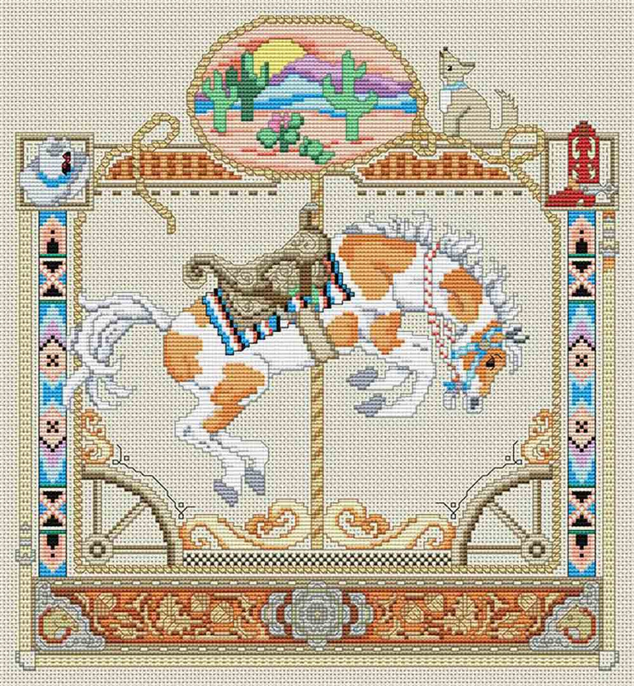 A stitched preview of the counted cross stitch pattern August In Santa Fe Carousel Horse by Kooler Design Studio