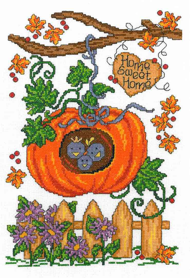 A stitched preview of the counted cross stitch pattern Autumn Birdhouse by Ursula Michael