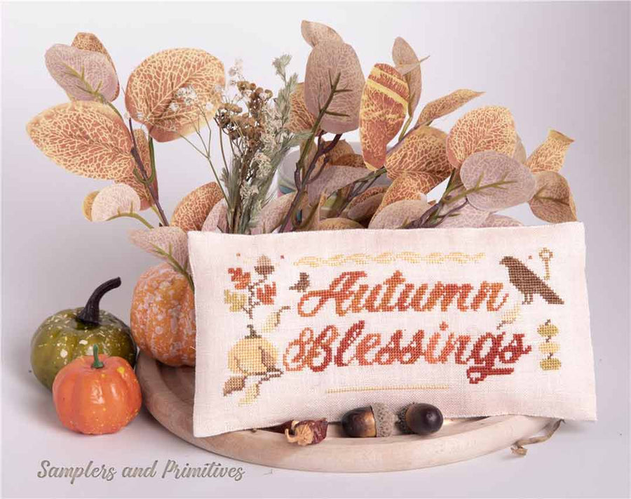 A stitched preview of the counted cross stitch pattern Autumn Blessings by Samplers and Primitives