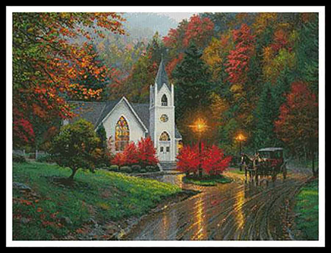 A stitched preview of the counted cross stitch pattern Autumn Chapel by Artecy Cross Stitch