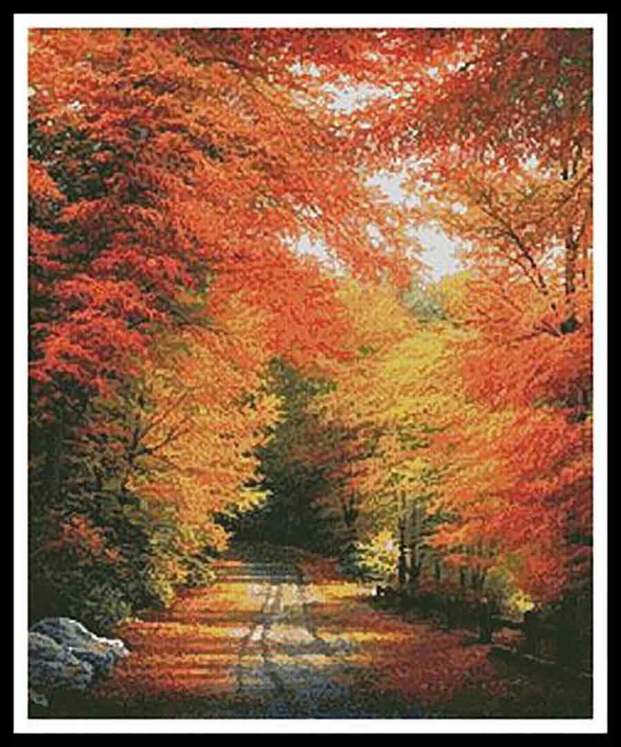 A stitched preview of the counted cross stitch pattern Autumn In New England by Artecy Cross Stitch