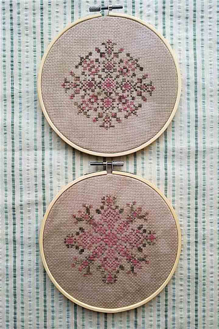 A stitched preview of the counted cross stitch pattern Autumn Rose by Carolyn Manning Designs