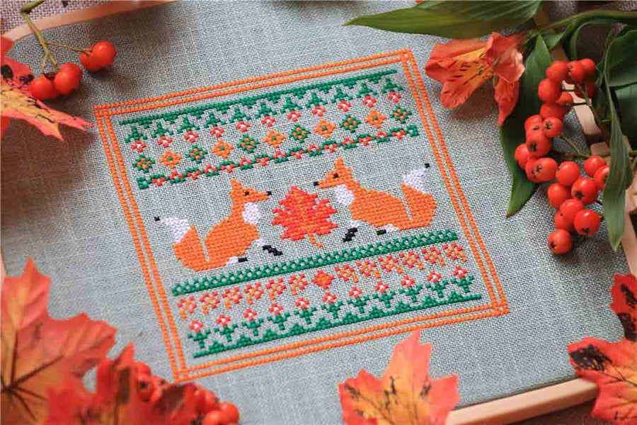 A stitched preview of the counted cross stitch pattern Autumn Sampler by Kate Spiridonova