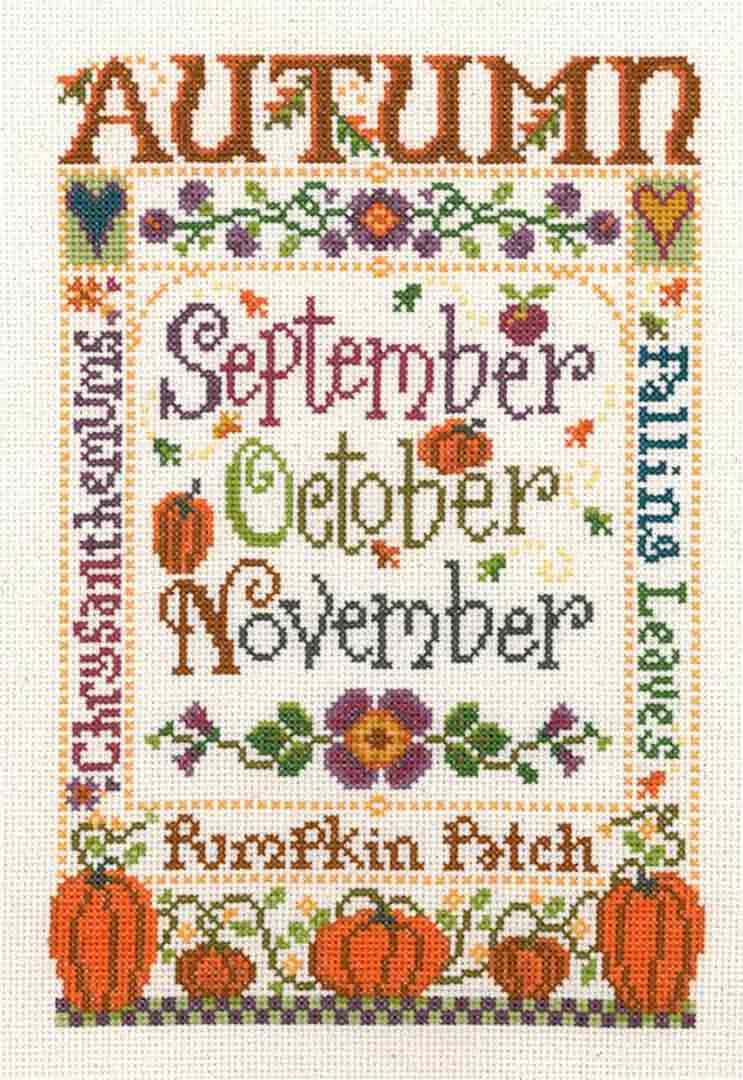 A stitched preview of the counted cross stitch pattern Autumn Season by Sandra Cozzolino