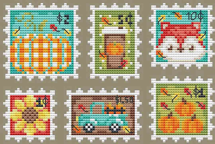 A stitched preview of the counted cross stitch pattern Autumn Stamp Collection by Shannon Christine Designs