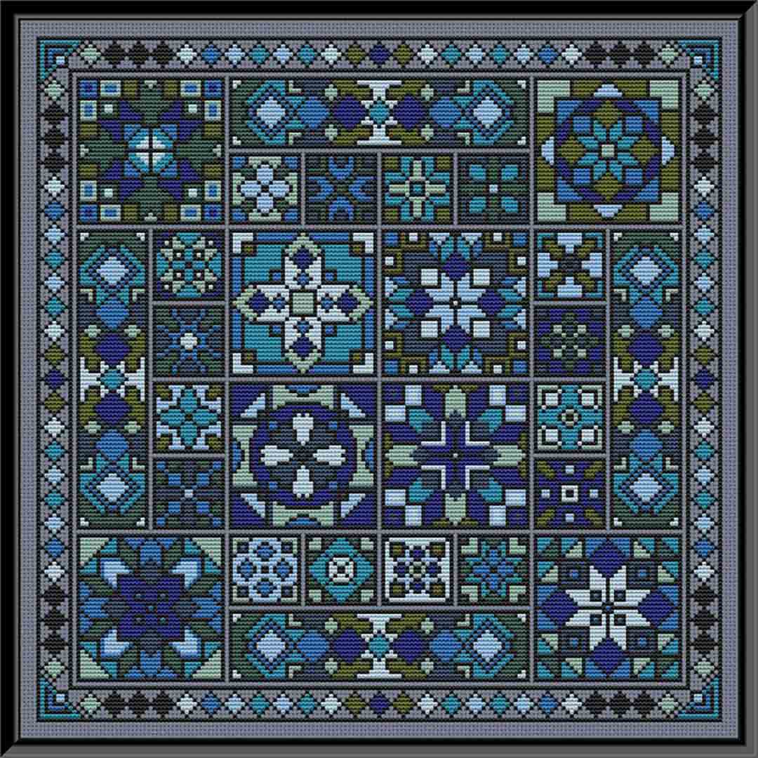 A stitched preview of the counted cross stitch pattern Azure Glass by Carolyn Manning Designs