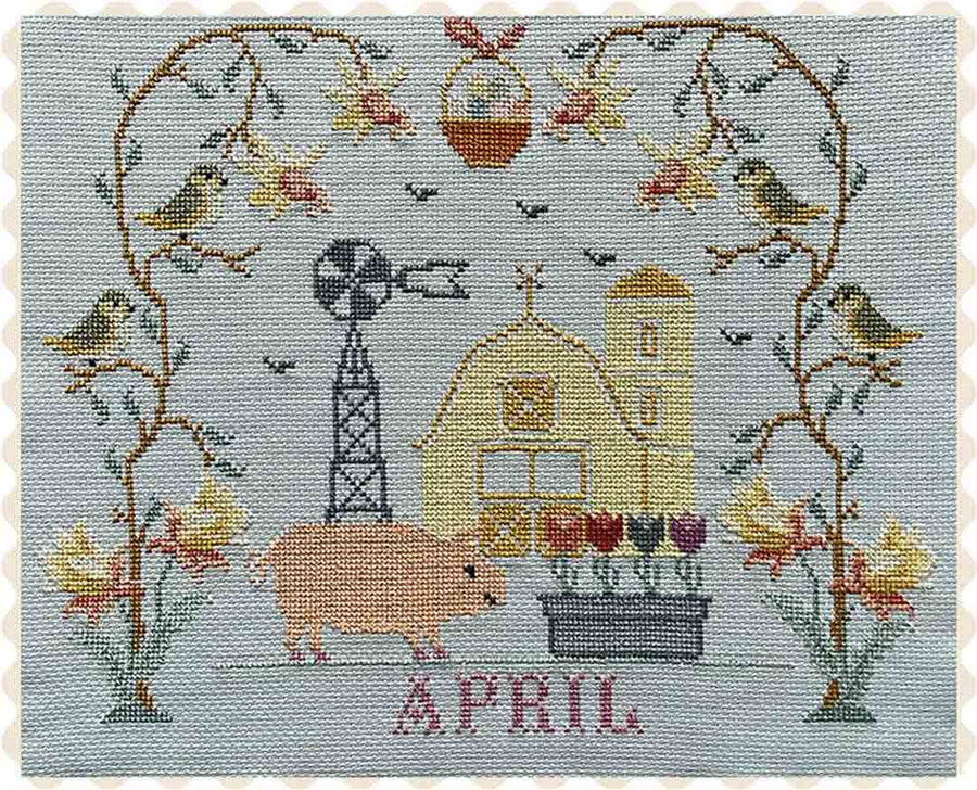 A stitched preview of the counted cross stitch pattern Barn Calendar April by Twin Peak Primitives