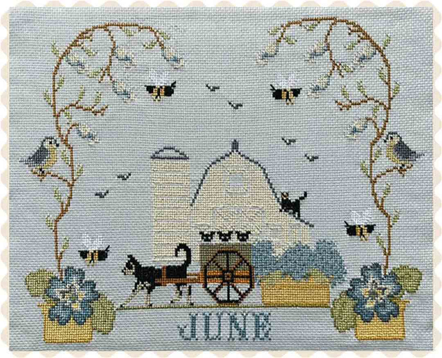 A stitched preview of the counted cross stitch pattern Barn Calendar June by Twin Peak Primitives