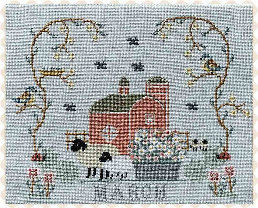 A stitched preview of the counted cross stitch pattern Barn Calendar March by Twin Peak Primitives