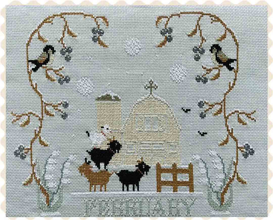 A stitched preview of the counted cross stitch pattern Barn Calendar February by Twin Peak Primitives