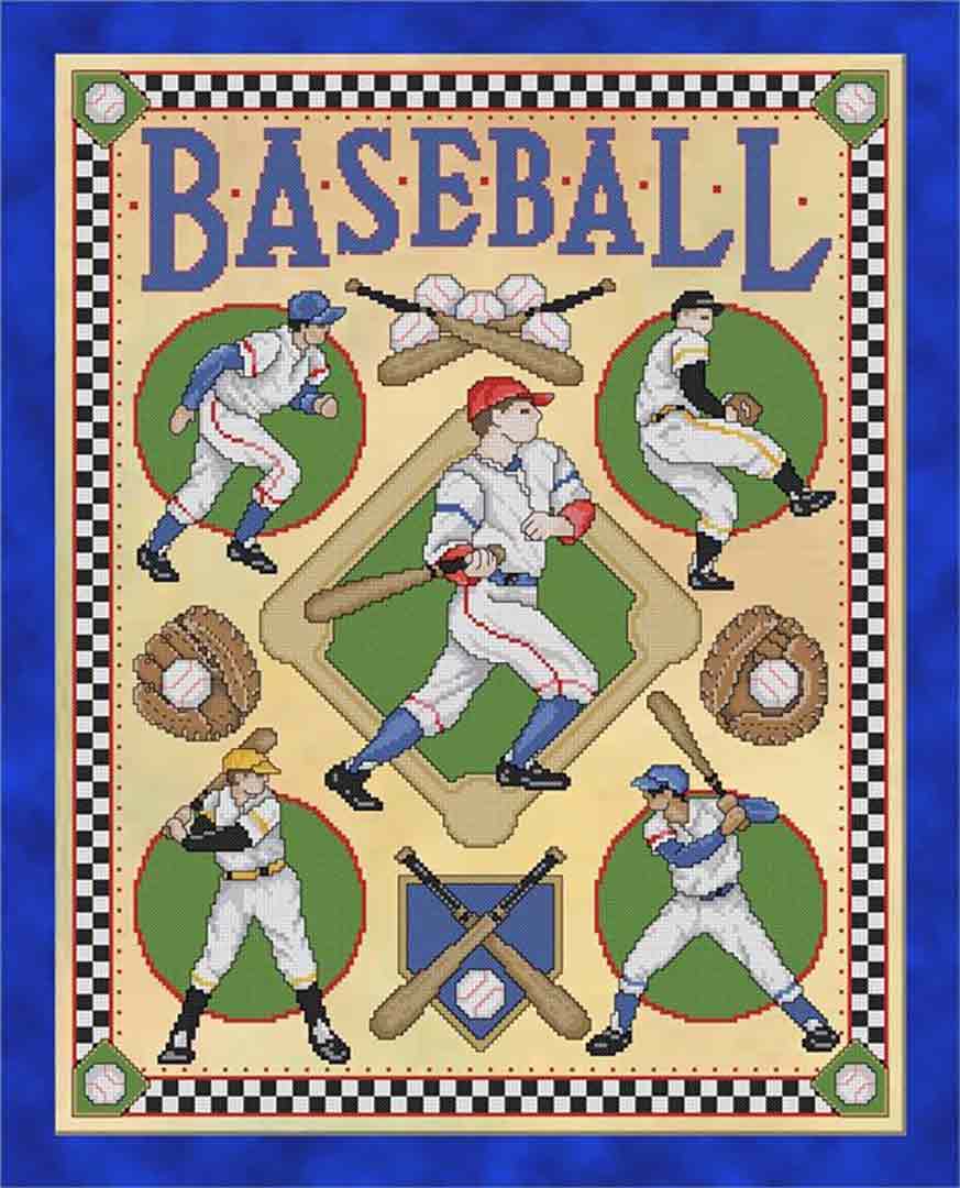 A stitched preview of the counted cross stitch pattern Baseball by Joan A Elliott