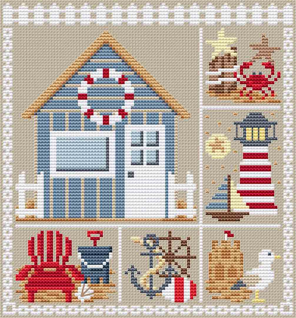 A stitched preview of the counted cross stitch pattern Beach House by Erin Elizabeth Designs