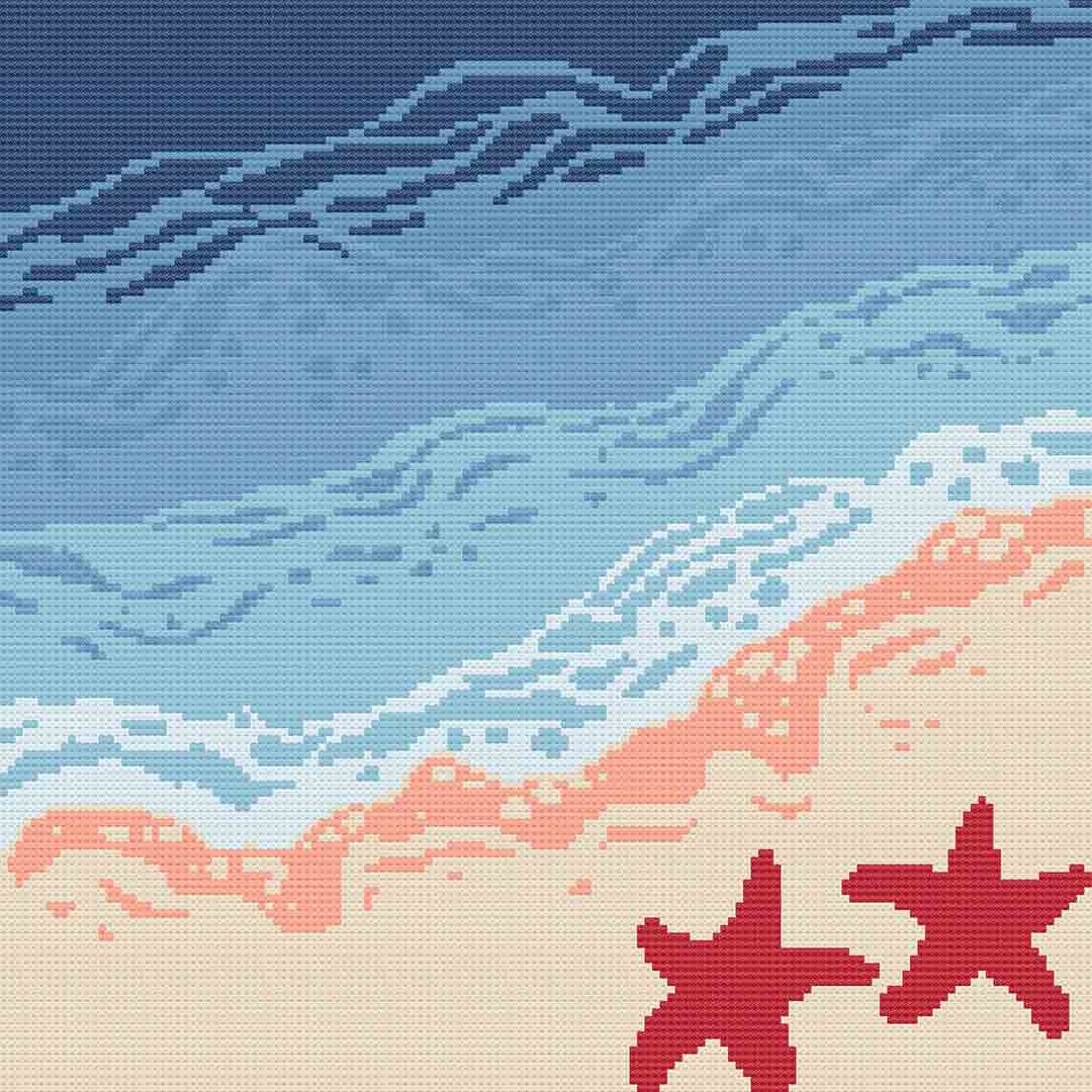 A stitched preview of the counted cross stitch kit "Beach" by Stitch Wit