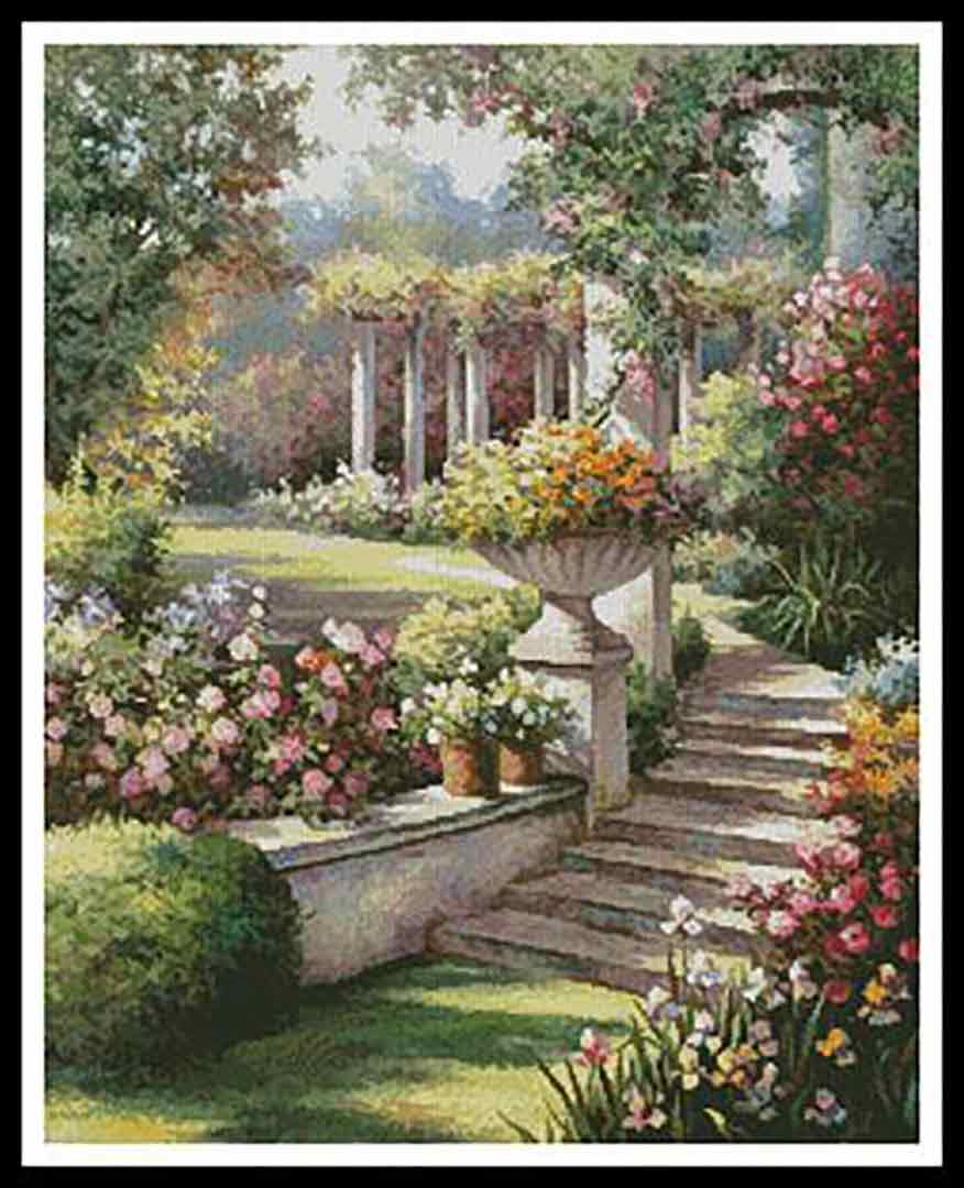 A stitched preview of the counted cross stitch pattern Beautiful Garden by Artecy Cross Stitch