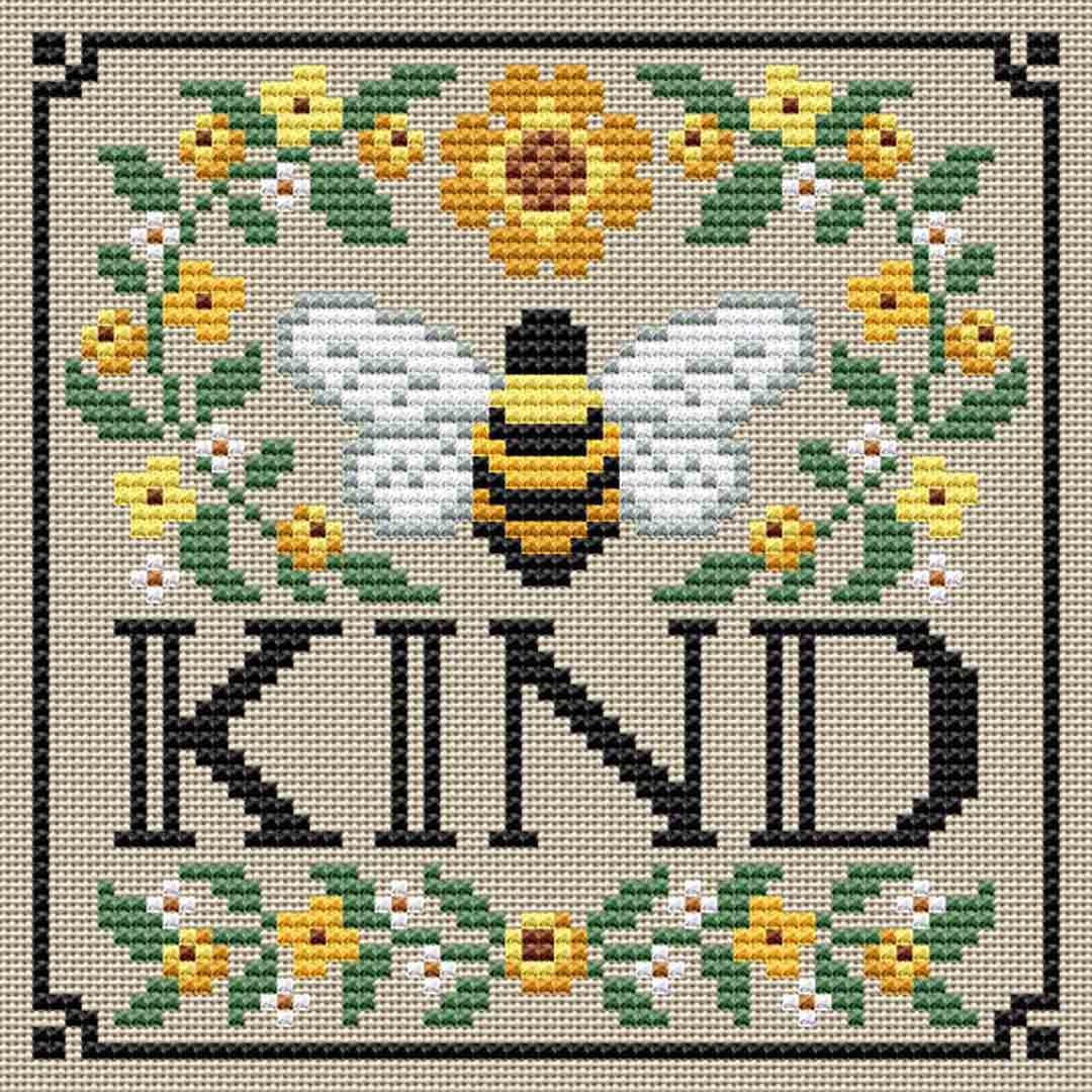 A stitched preview of the counted cross stitch pattern Bee Kind by Erin Elizabeth Designs