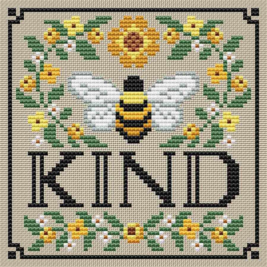 A stitched preview of the counted cross stitch pattern Bee Kind by Erin Elizabeth Designs