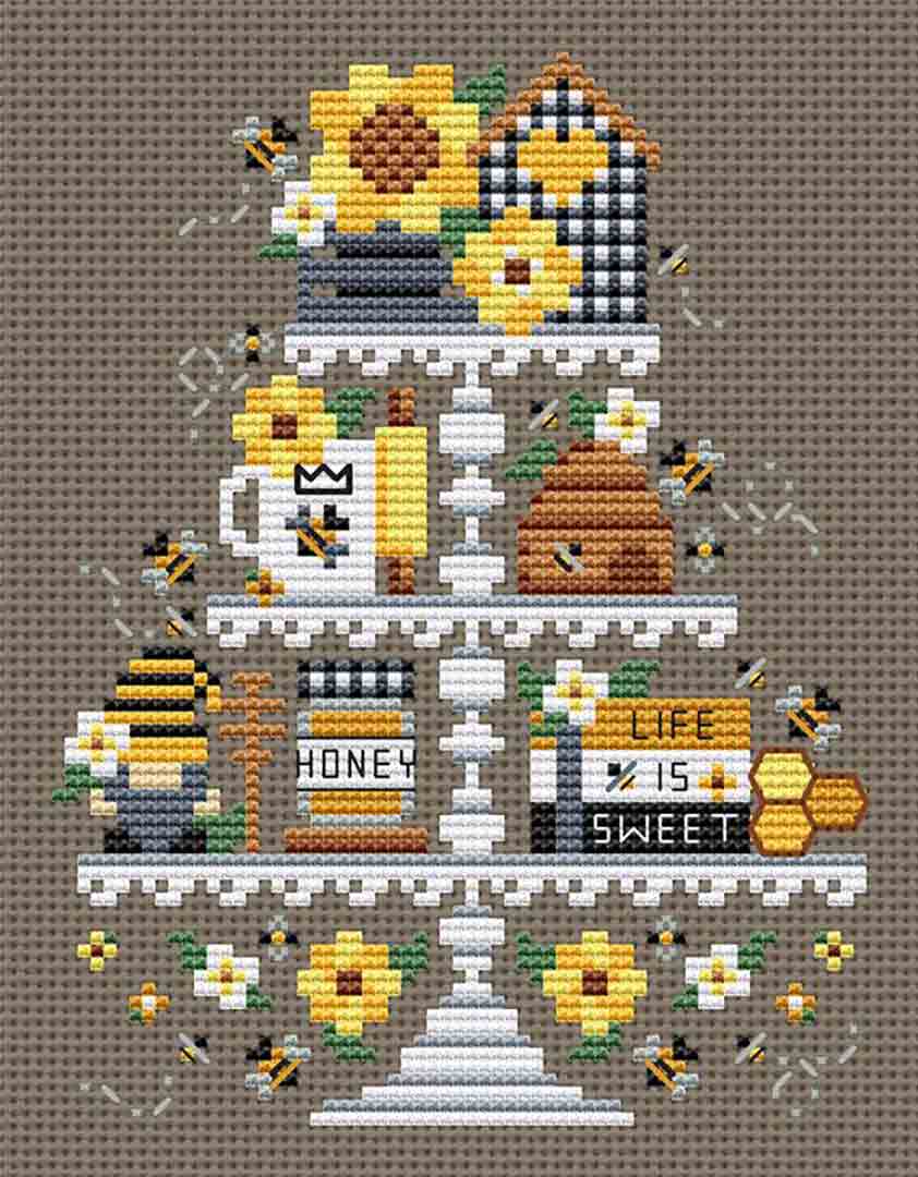 A stitched preview of the counted cross stitch pattern Bee Tier by Erin Elizabeth Designs