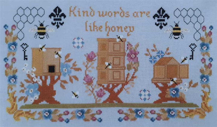 A stitched preview of the counted cross stitch pattern Beehive Sampler And Pincushion by Twin Peak Primitives