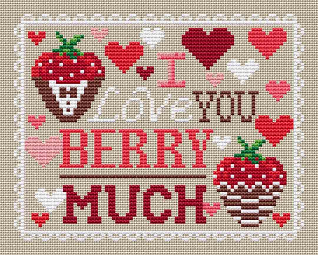 A stitched preview of the counted cross stitch pattern Berry Much by Erin Elizabeth Designs