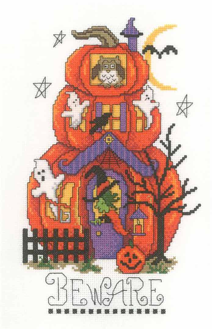 A stitched preview of the counted cross stitch pattern Beware by Diane Arthurs