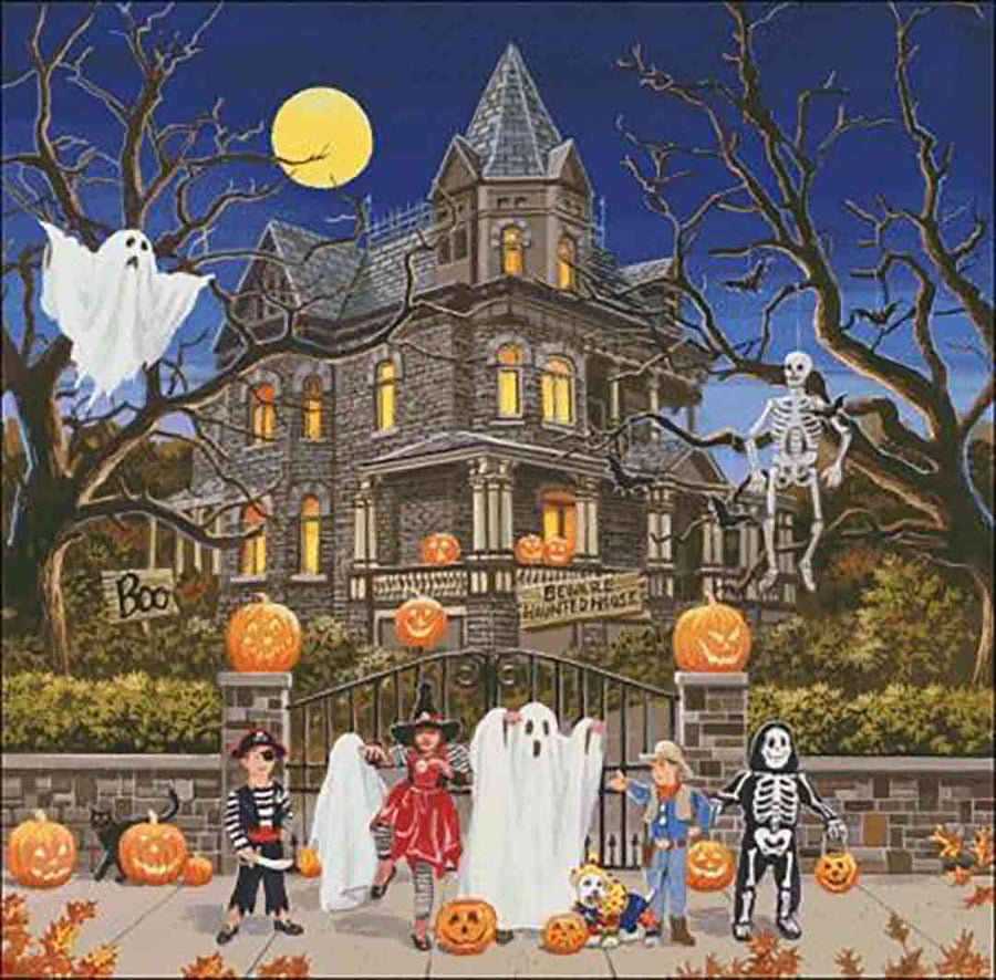 A stitched preview of the counted cross stitch pattern Beware Haunted Halloween by Charting Creations
