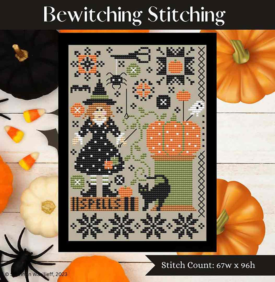 A stitched preview of the counted cross stitch pattern Bewitching Stitching by Shannon Christine Designs