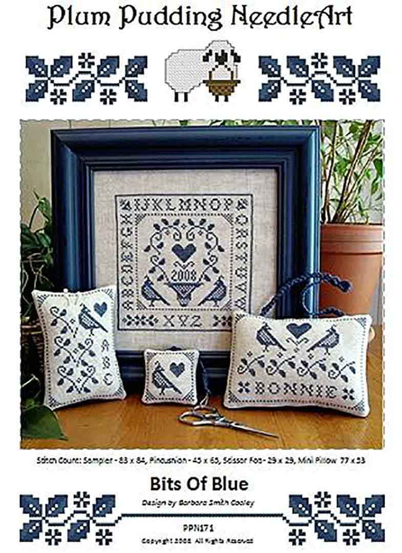 A stitched preview of the counted cross stitch pattern Bits Of Blue by Plum Pudding NeedleArt