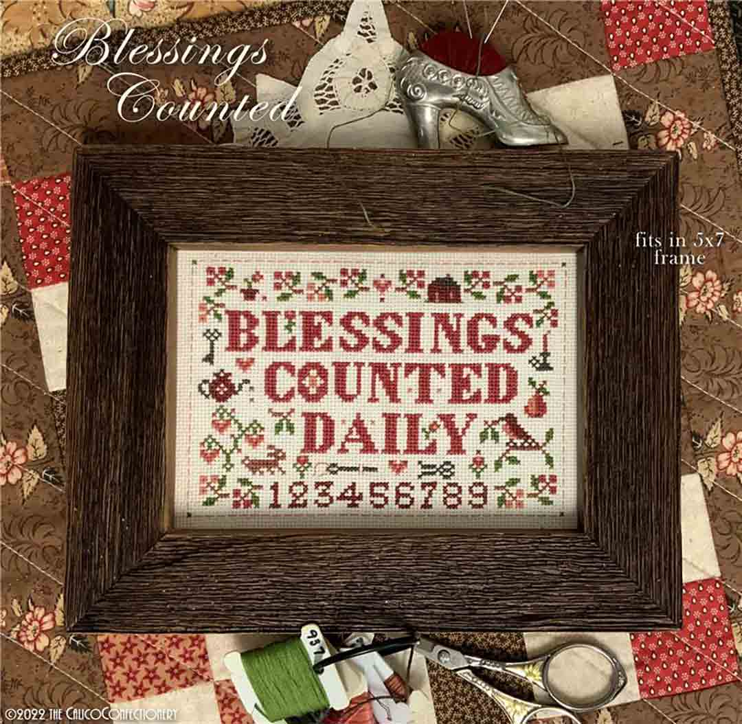 A stitched preview of the counted cross stitch pattern Blessings Counted by The Calico Confectionery