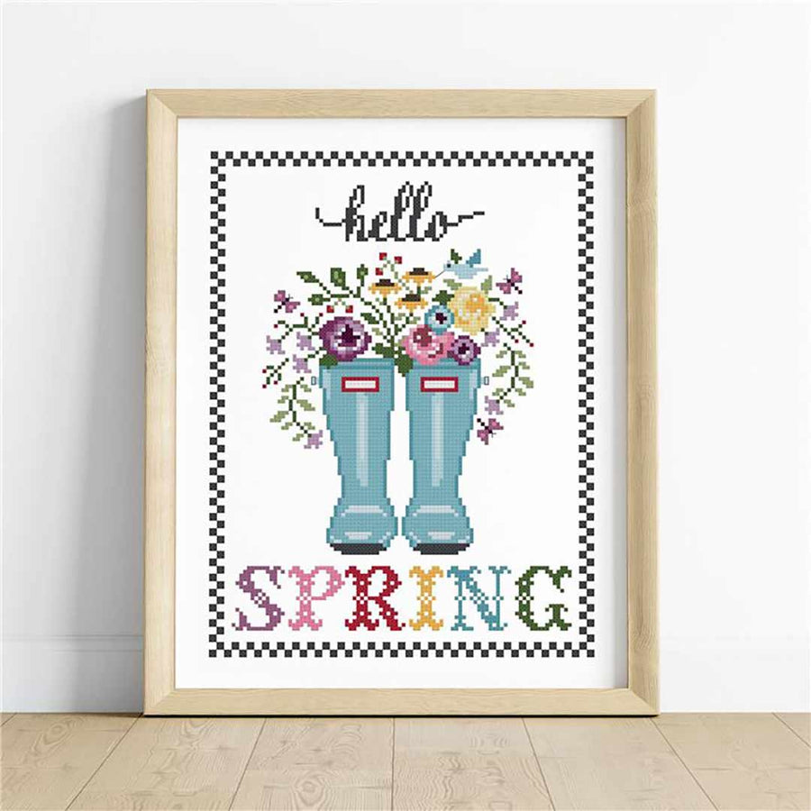 A stitched preview of the counted cross stitch pattern Blooming Wellies by Dear Sukie