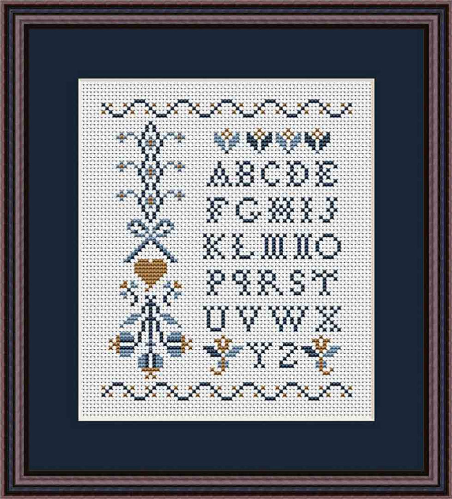 A stitched preview of the counted cross stitch pattern Blue Alphabet Sampler 1 by Happiness Is Heartmade