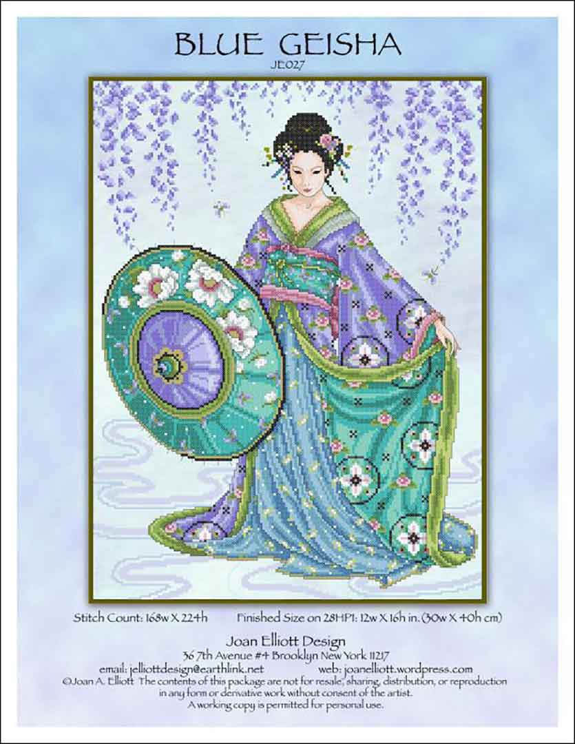 A stitched preview of the counted cross stitch pattern Blue Geisha by Joan A Elliott