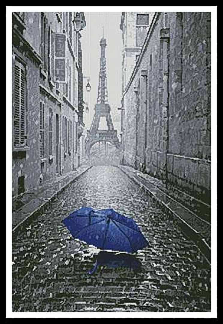 A stitched preview of the counted cross stitch pattern Blue Umbrella In Paris by Artecy Cross Stitch