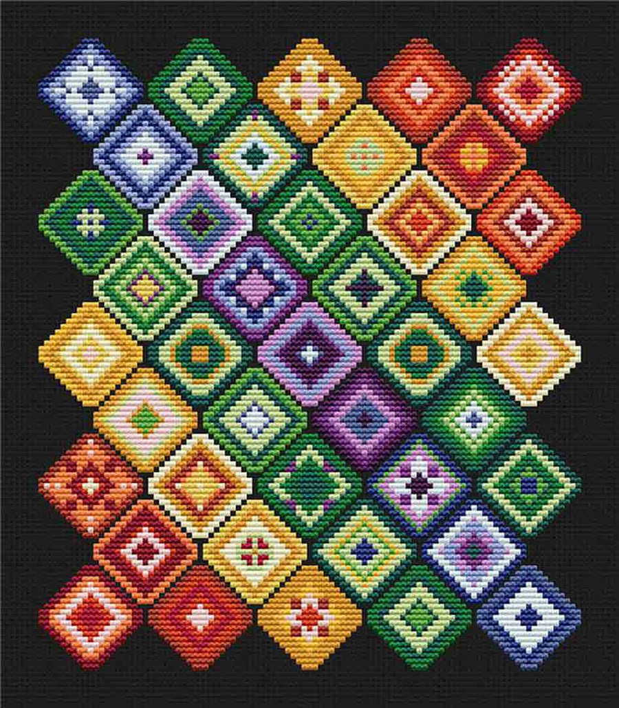A stitched preview of the counted cross stitch pattern Boho Granny by Carolyn Manning Designs
