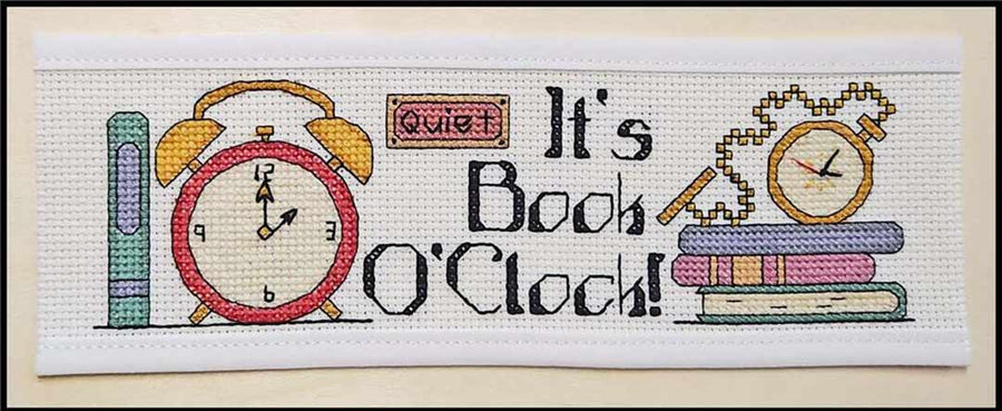 A stitched preview of the counted cross stitch pattern Book O'Clock by Rogue Stitchery