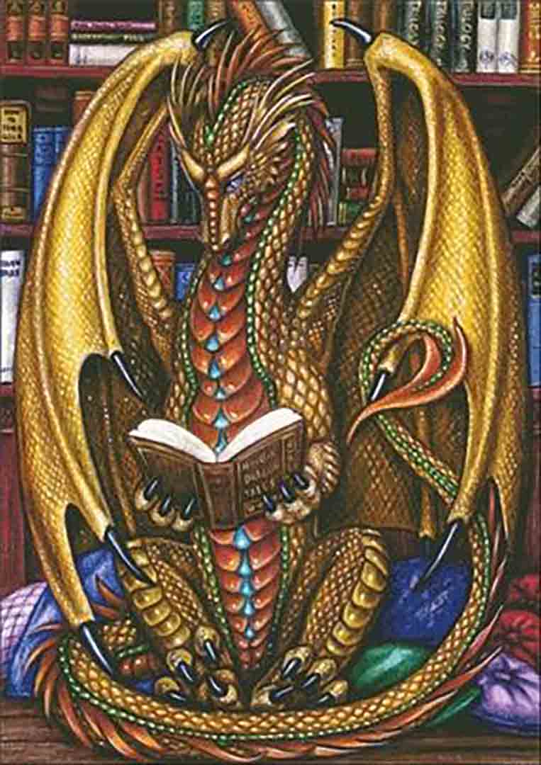 A stitched preview of the counted cross stitch pattern Book Wyrm by Charting Creations