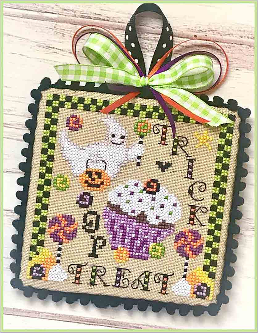 A stitched preview of the counted cross stitch pattern Booville Trick Or Treat by Sugar Stitches Design