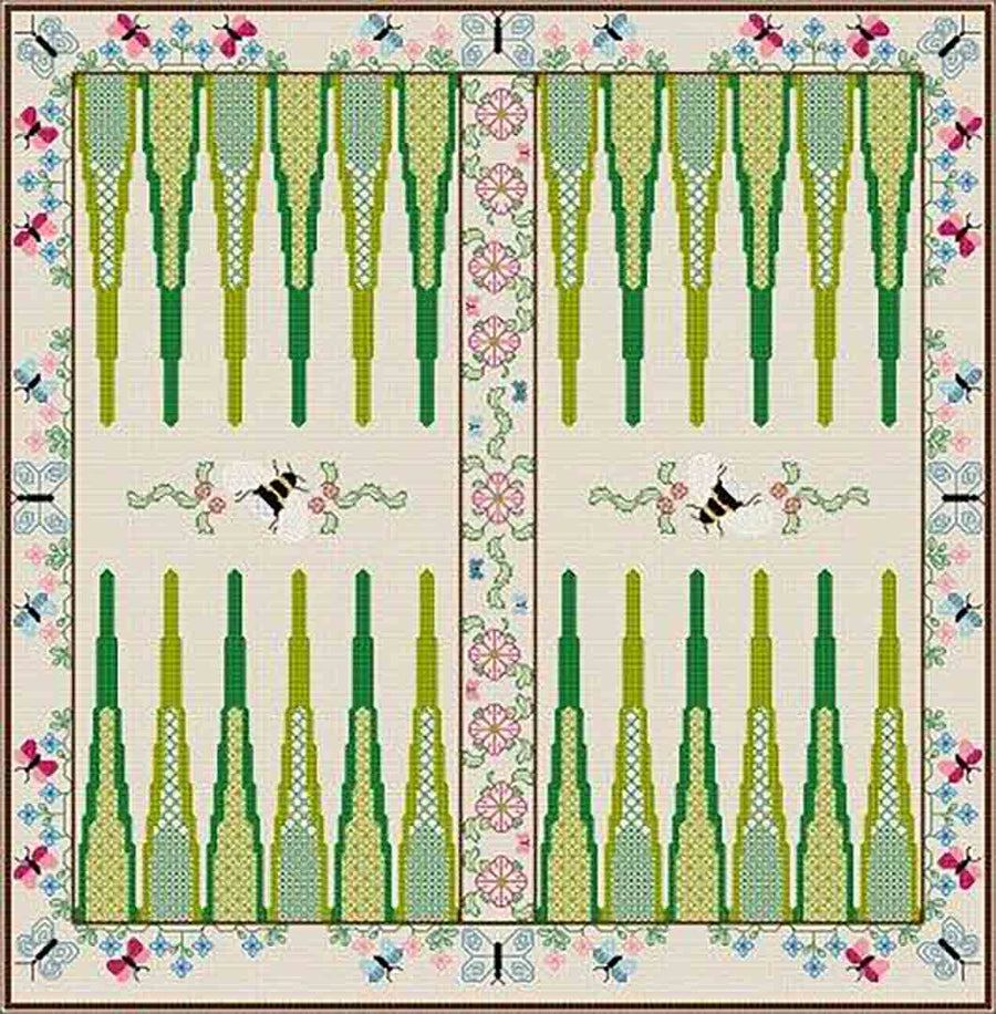 A stitched preview of the blackwork pattern Botanical Backgammon Board by DoodleCraft Design Ltd