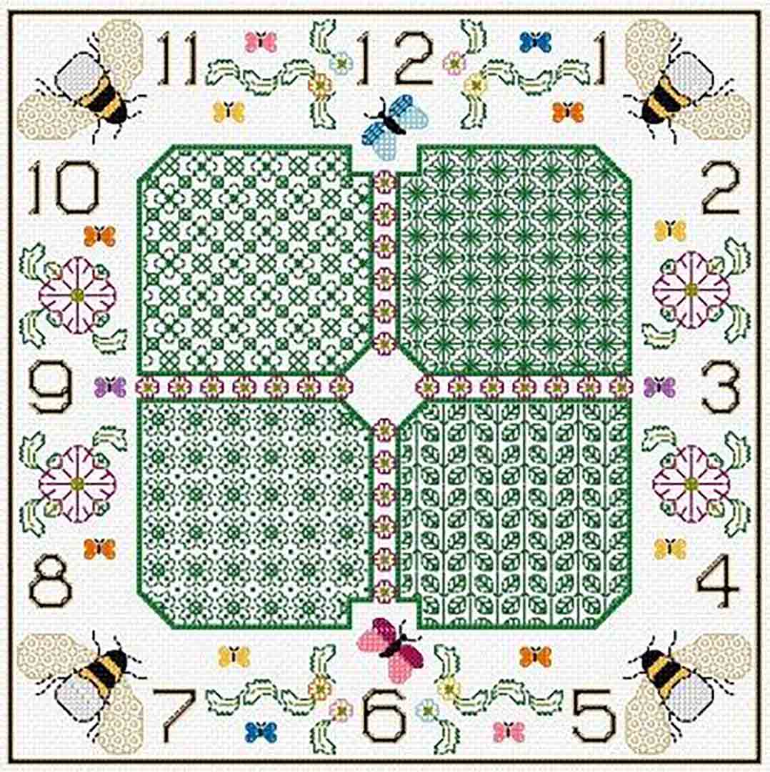 A stitched preview of the counted cross stitch pattern Botanical Clock by DoodleCraft Design Ltd