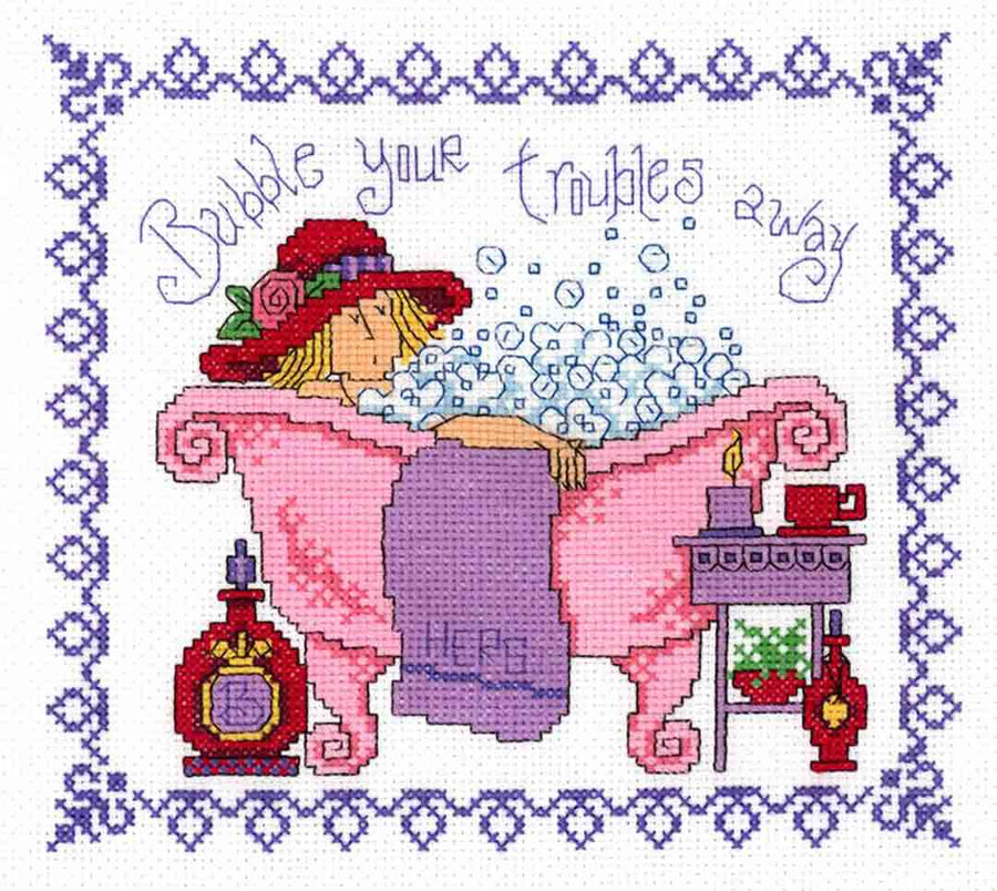A stitched preview of the counted cross stitch pattern Bubble Your Troubles Away by Diane Arthurs