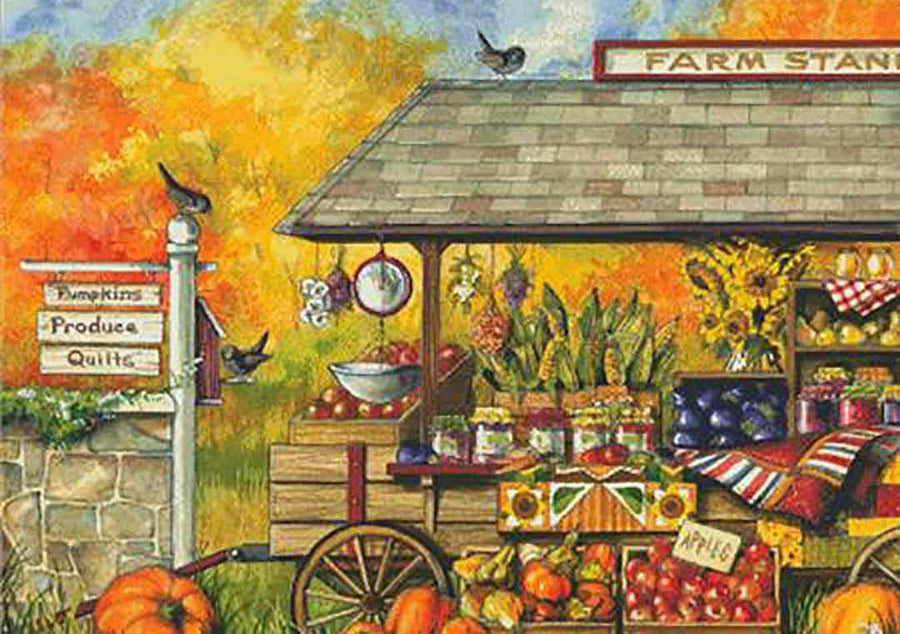 A stitched preview of the counted cross stitch pattern Buck's County Farm Stand by Charting Creations