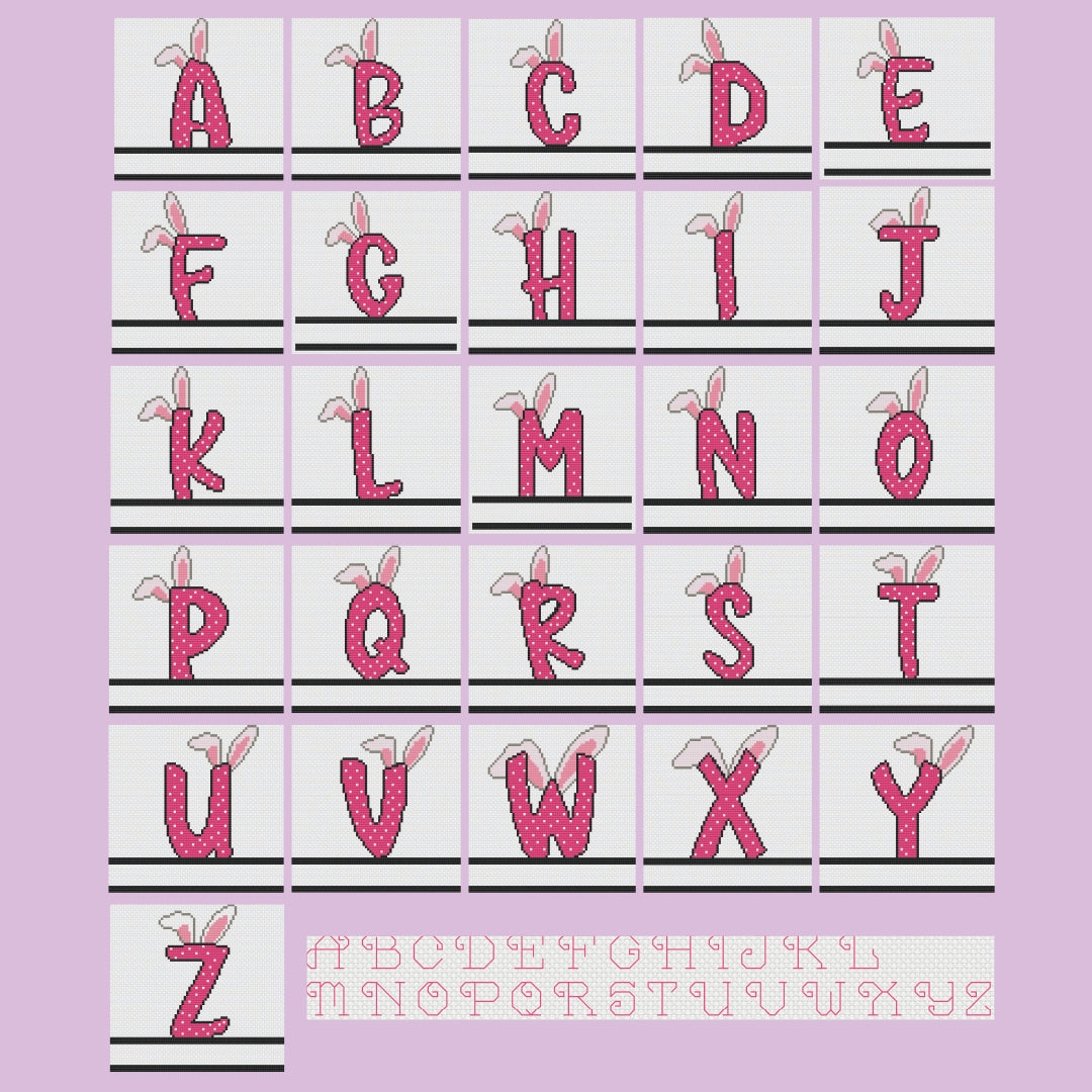 Stitched previews of each letter from the Bunny Monograms counted cross stitch pattern from Stitch Wit