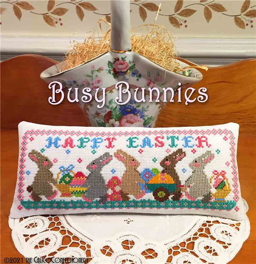 A stitched preview of the counted cross stitch pattern Busy Bunnies by The Calico Confectionery