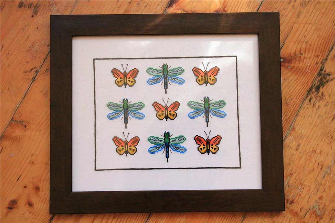 A stitched preview of the counted cross stitch pattern Butterflies And Dragonflies by Kate Spiridonova
