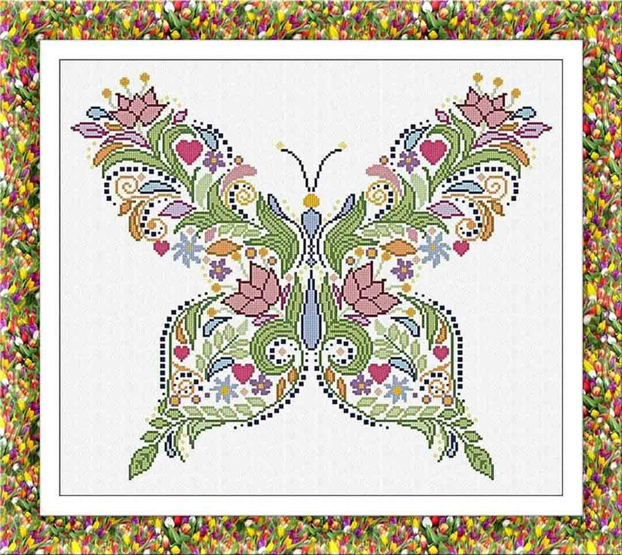 A stitched preview of the counted cross stitch pattern Butterflies Of Flowers by Alessandra Adelaide