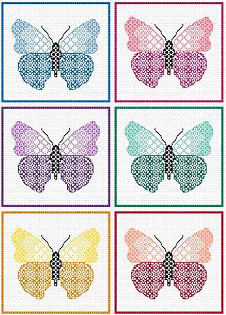 A stitched preview of the counted cross stitch pattern Butterfly Coaster Set Of 6 Designs by DoodleCraft Design Ltd