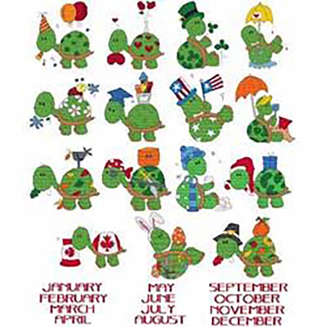 A stitched preview of the counted cross stitch pattern Calendar Turtles Combo by Marcia Manning