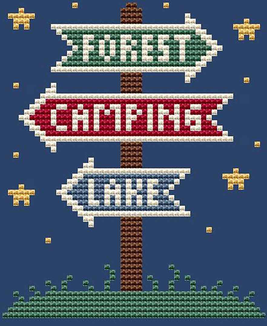 A stitched preview of the counted cross stitch pattern Camping Sign by Kate Spiridonova