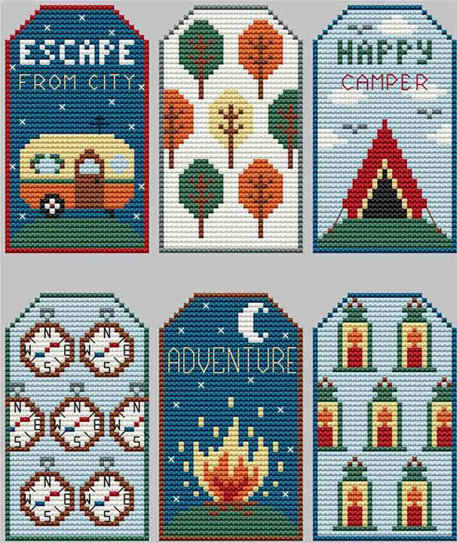 A stitched preview of the counted cross stitch pattern Camping Tags by Kate Spiridonova
