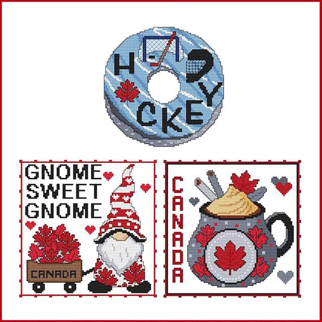 A stitched preview of the counted cross stitch pattern Canada Trio - Donut - Gnome - Mug by Marcia Manning
